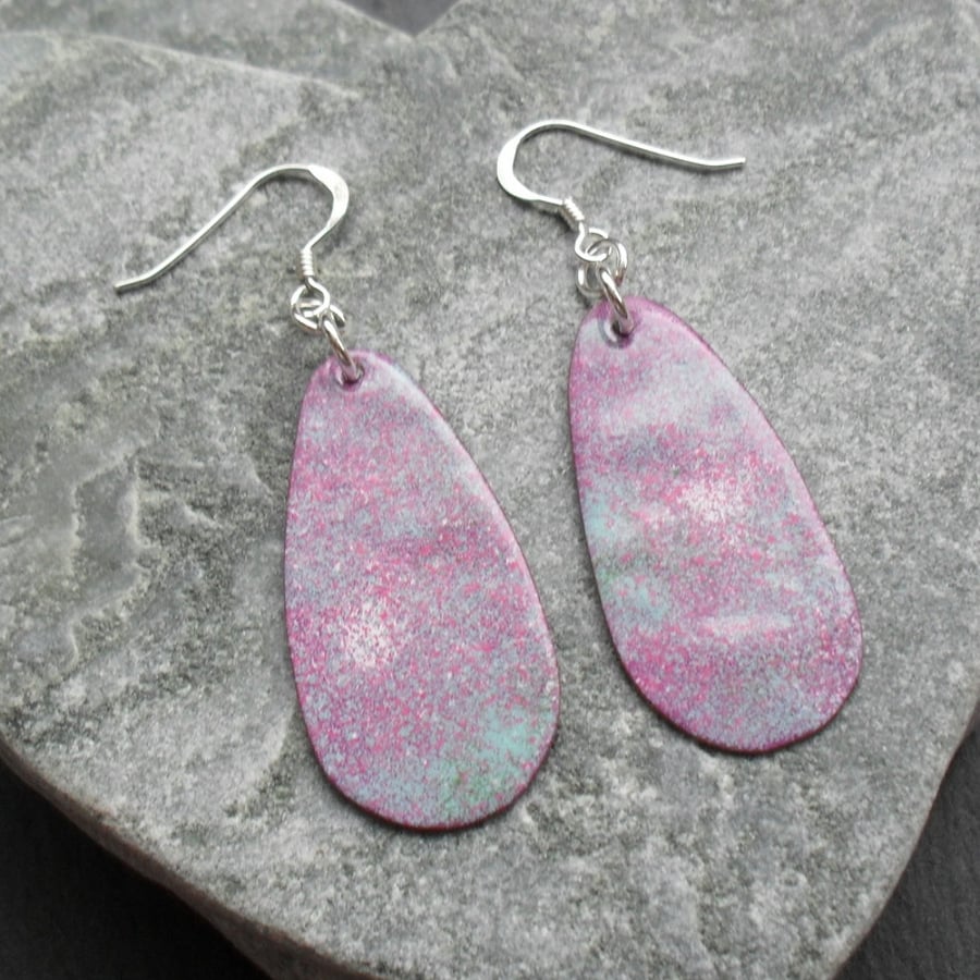Sterling Silver With Lilac Turquoise and White  Enamelled  Copper Drop earrings
