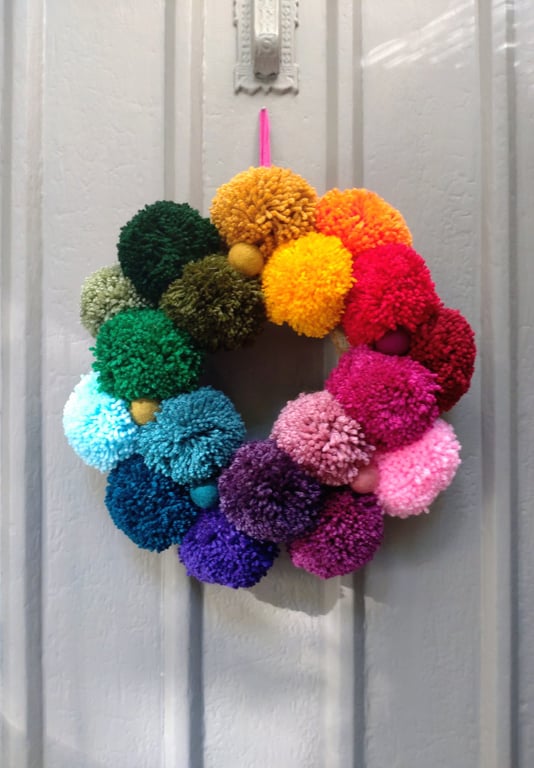 Wool Pompom Wreath, Rainbow Colours, Eclectic Bohemian Interiors, Maximalism