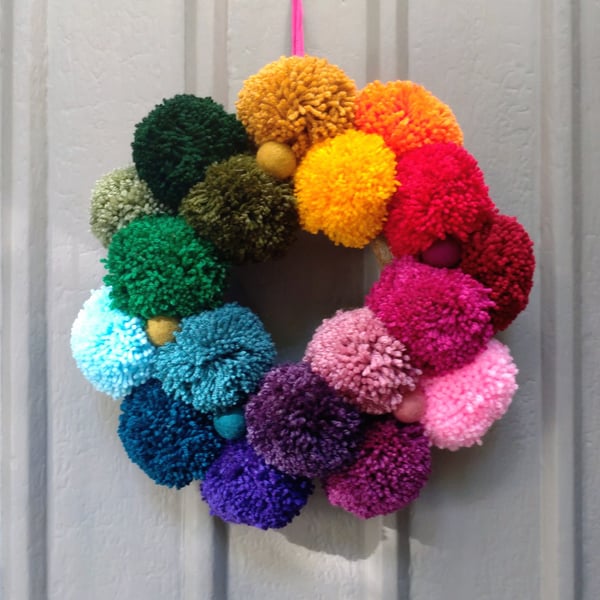 Wool Pompom Wreath, Rainbow Colours, Eclectic Bohemian Interiors, Maximalism