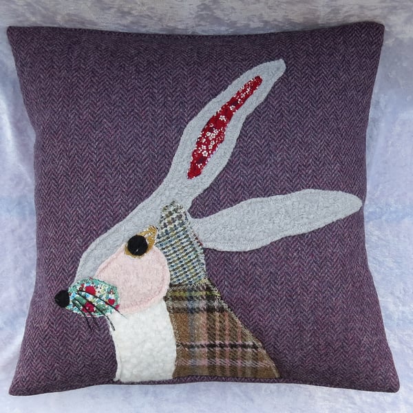 Hare Cushion, scrappy hare, wool cushion, with feather pad, 14 inches