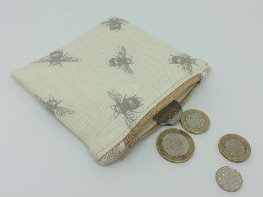  Coin Purse, grey bees on beige linen.
