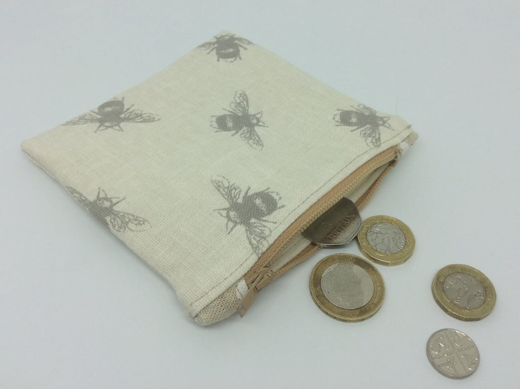  Coin Purse, grey bees on beige linen.