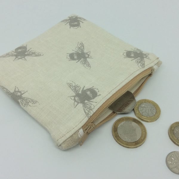  Coin Purse, grey bees on beige linen.
