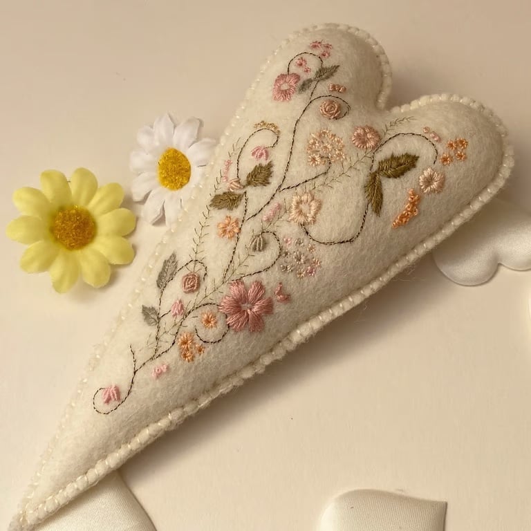 Hand embroidered heart, wall decor hanging heart in scandi style