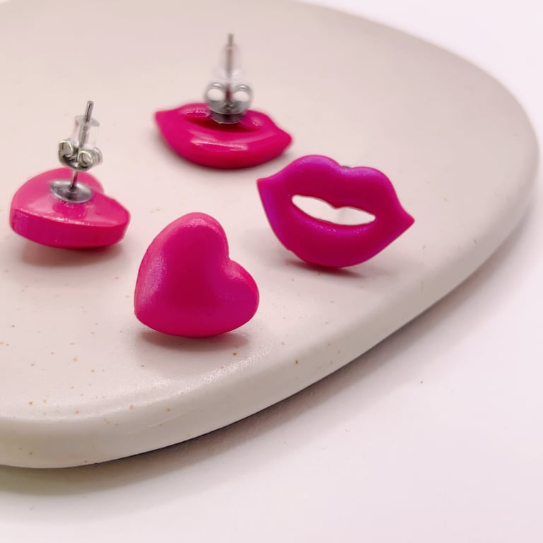 Metallic Heart and Lips Stud Earrings, Small Handmade Polymer Clay Studs
