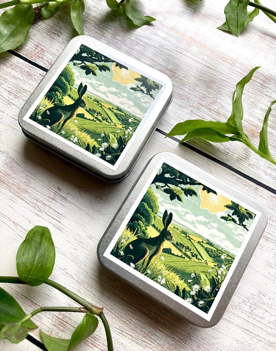 Hare Summer storage tin square buttons, stitch markers, beads, knitting, sewing