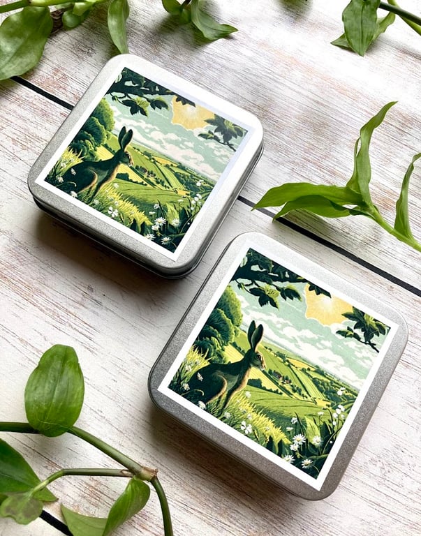 Hare Summer storage tin square buttons, stitch markers, beads, knitting, sewing