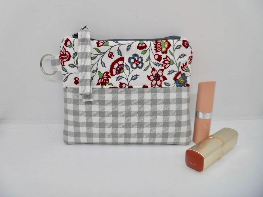 Make up bag purse in modern floral and check fabric 