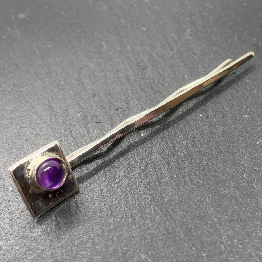 Sterling Silver Hairpin with 5mm Gemstone on Textured ‘Picture Frame’ 60mm