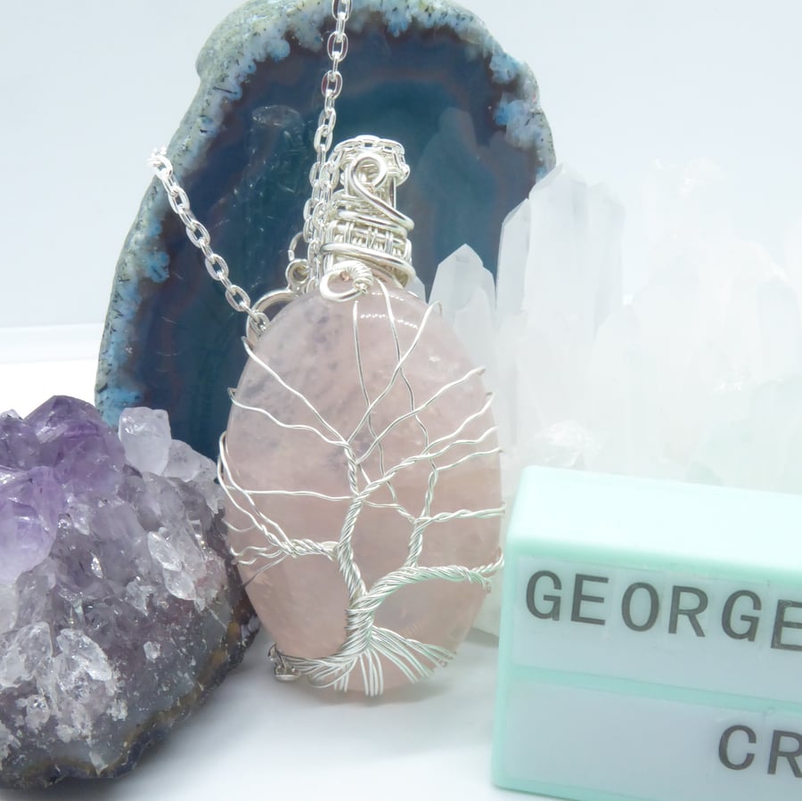 Rose Quartz Tree of Life Pendant, Pink and Silver Colours