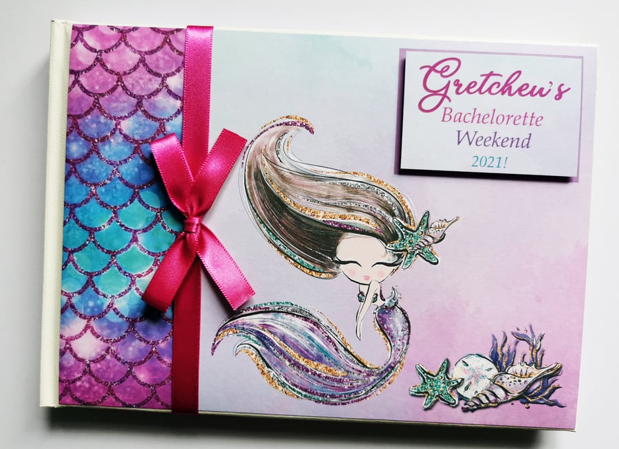 Mermaid birthday guest book, brunette mermaid guest book, mermaid party gift