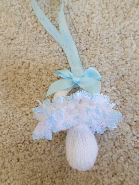 Lace pram charm hand knitted baby dummy shape