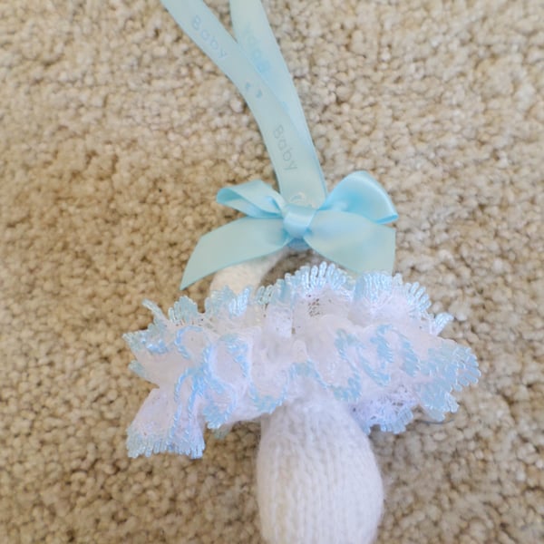 Lace pram charm hand knitted baby dummy shape