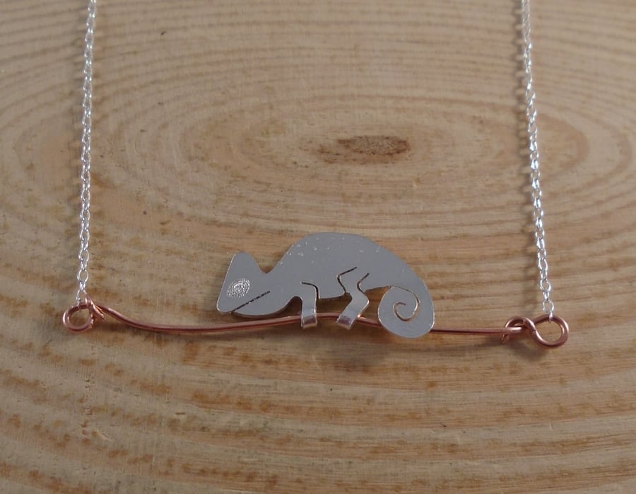 Sterling Silver and Copper Engraved Chameleon Necklace