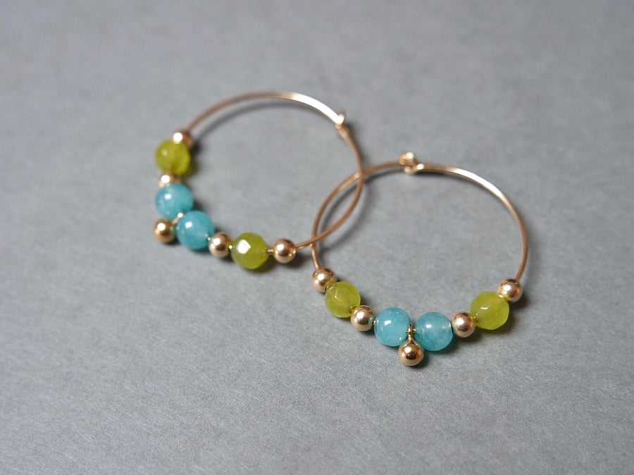 Gold Filled Hoops - Quartz lime-green turquoise