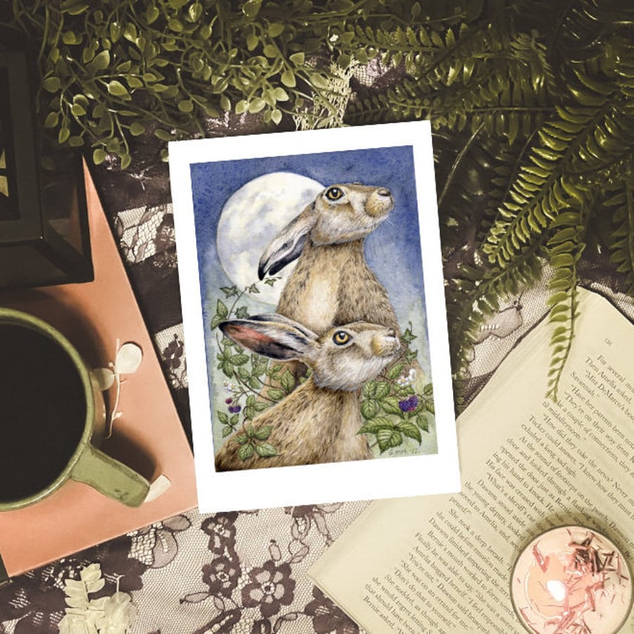 A5 Moonlight Hares Art Print - Scottish wildlife illustration