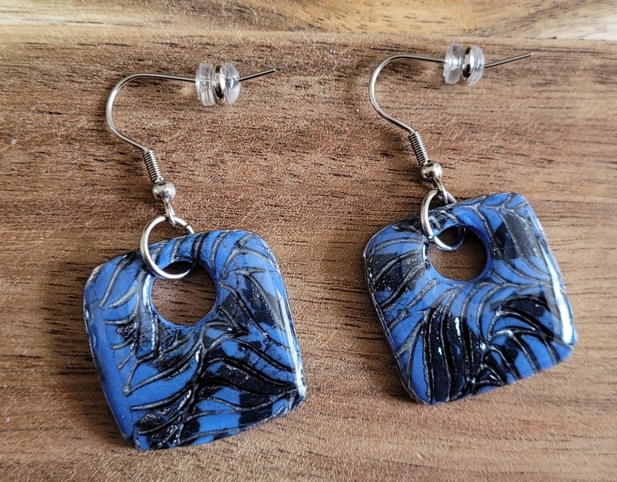 Handmade Polymer Clay Blue and Silver Square Earrings, 316 Stainless Steel