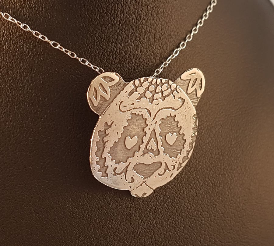 Sterling Silver Etched Sugar Skull Panda Necklace Pendant