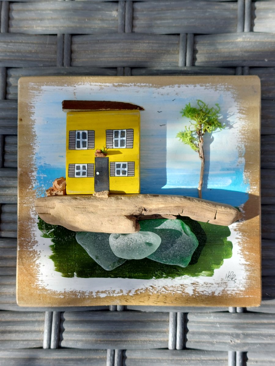 Little House Yellow Driftwood Cottage on Reclaimed Wood, Sustainable, Recycled