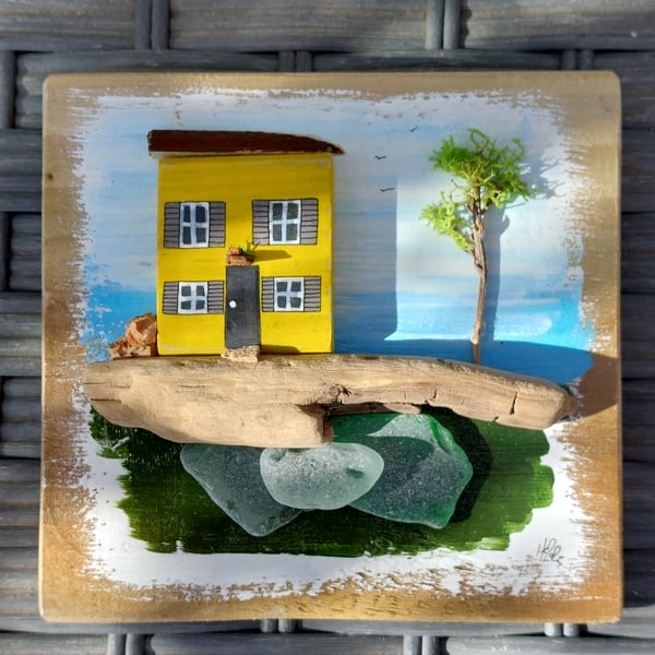 Little House Yellow Driftwood Cottage on Reclaimed Wood, Sustainable, Recycled