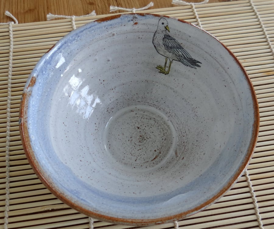 Rustic ceramic bowl with yellow legged gull image - handmade pottery