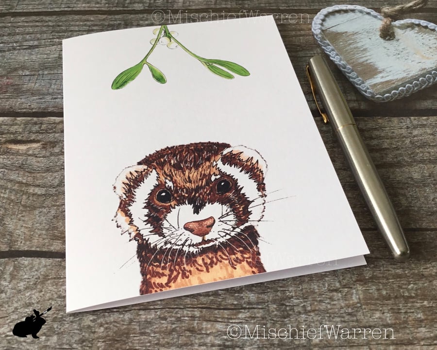 Ferret Christmas Card. Polecat ferret handmade Christmas card.