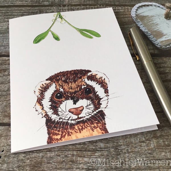 Ferret Christmas Card. Polecat ferret handmade Christmas card.