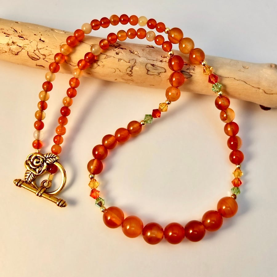Natural Carnelian Necklace With Swarovski Crystals - Handmade In Devon