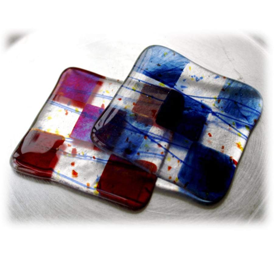 Pair of Fused Glass Coaster 8cm   Blue Red