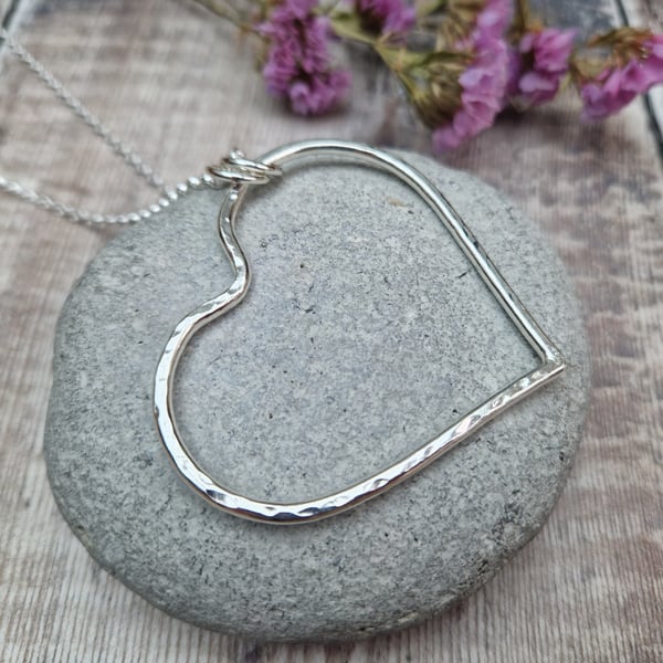 Sterling Silver Long Hammered Heart Necklace