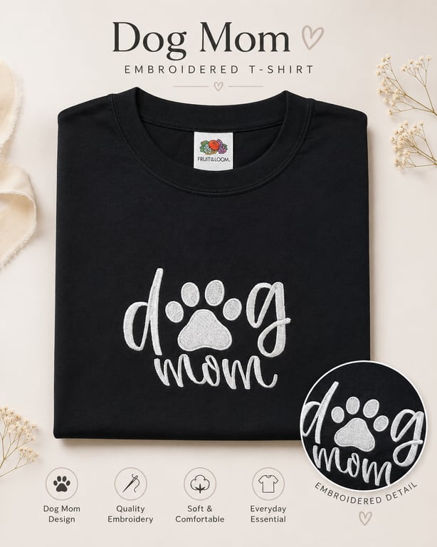 Dog Mom Embroidered T-Shirt – Black & White