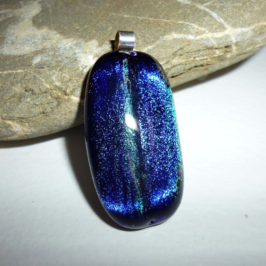 Handmade kiln formed dichroic pendant with silver bail- blue & green