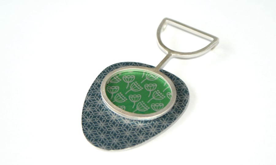 SALE 25% OFF Silver, blue and green abstract pendant