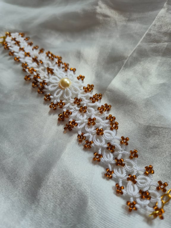 White Lace Bracelet – Handmade Amber Beaded Tatting Jewellery