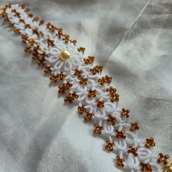White Lace Bracelet – Handmade Amber Beaded Tatting Jewellery