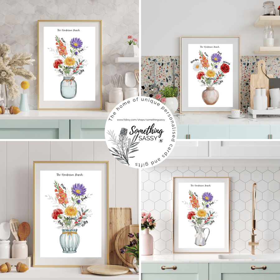 Personalised Floral Family Print, birth flowers for all the family.