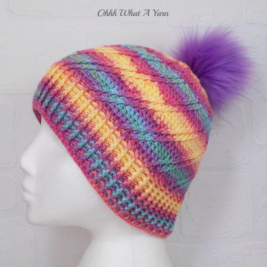 Crochet hat, beanie. Pastel rainbow ladies swirl pom pom hat. Ladies hat.