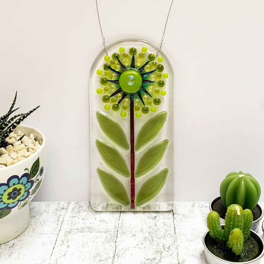 Green Fused Glass Retro Allium Hanging - Handmade Glass Suncatcher