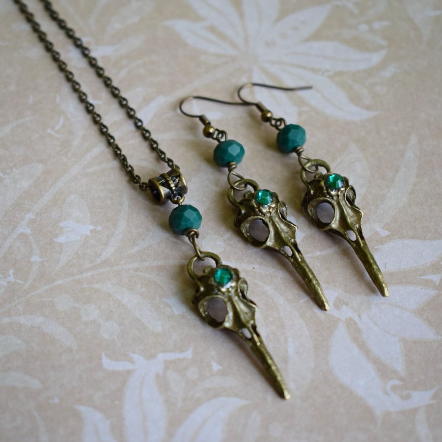 Gothic Raven Skull Necklace and Earrings Set with Green Rhinestones