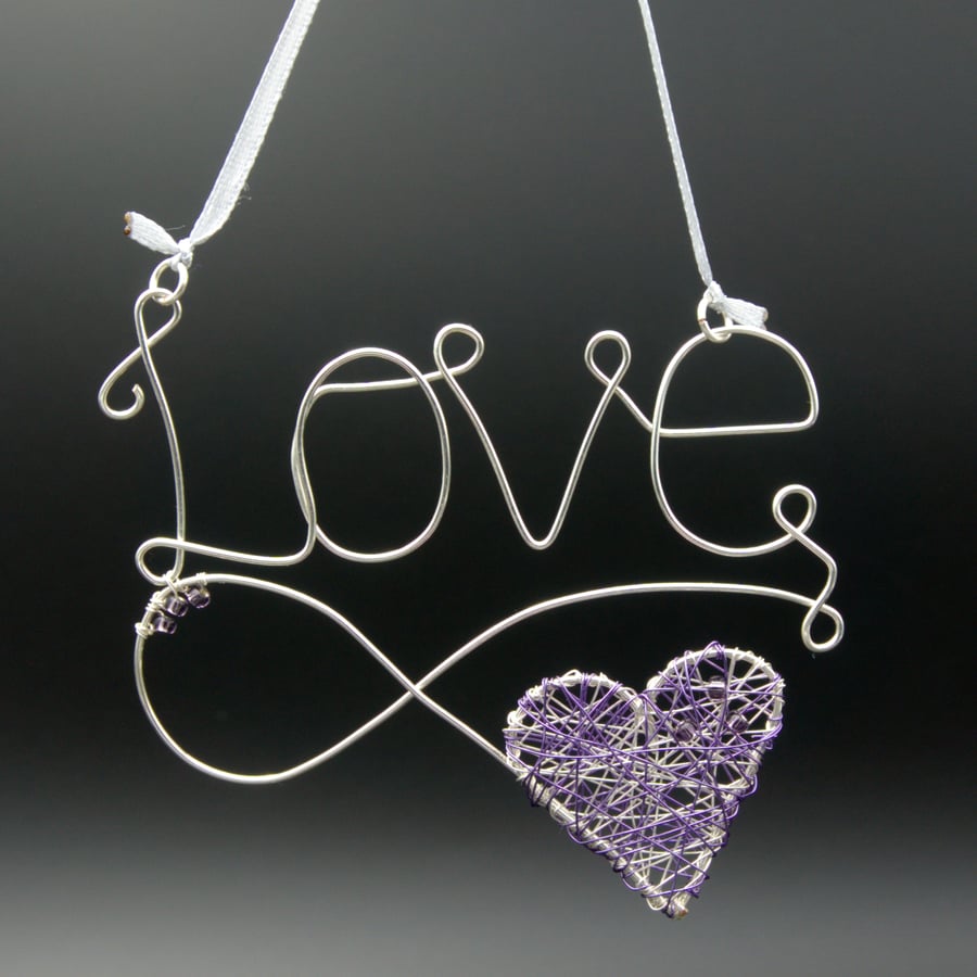 Wire word - Love with lilac wire wrapped heart - hanging decoration