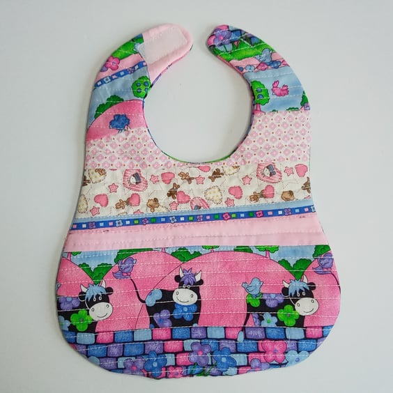 Patchwork bib, reversible baby bib, newborn baby bib, gift for baby girl, cows