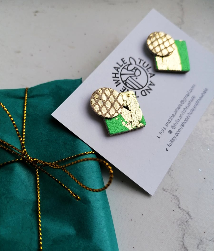 Statement Stud Leather Earrings - Emerald Greeen & Gold Leaf