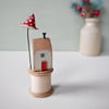 Little House on a Vintage Wood Bobbin with Clay Toadstool