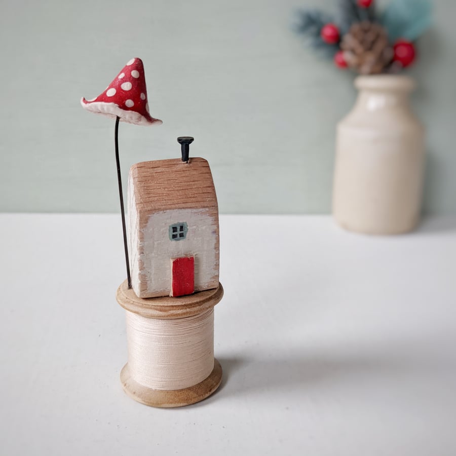 Little House on a Vintage Wood Bobbin with Clay Toadstool