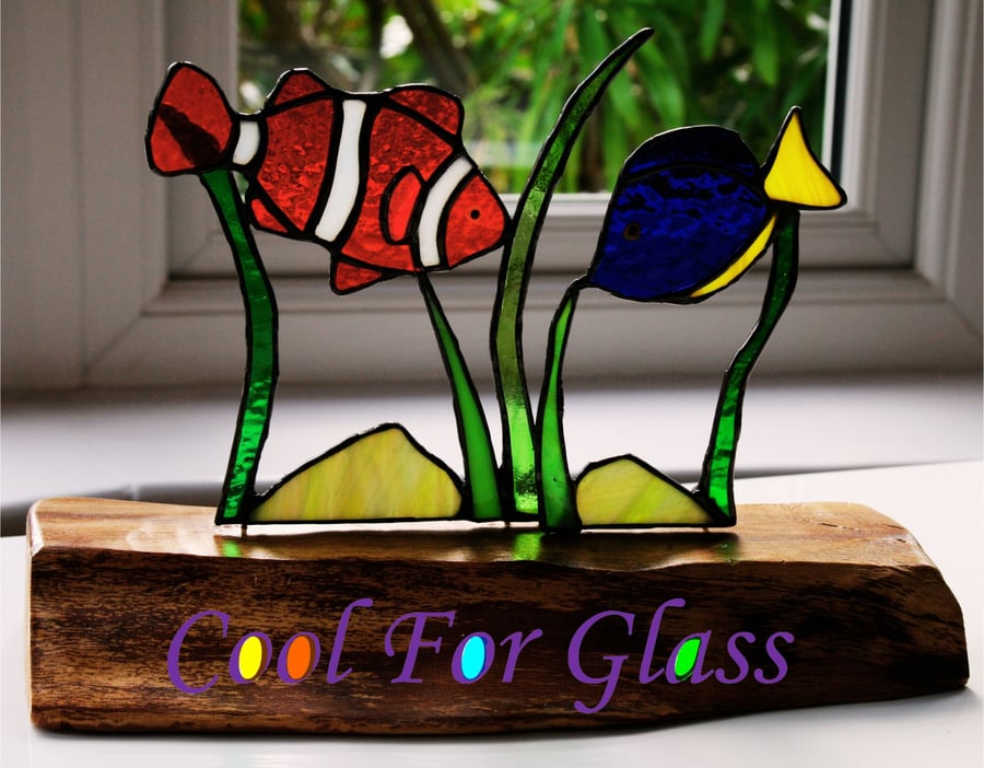 'Under the Sea' stained glass clown and blue tang fish on solid oak base