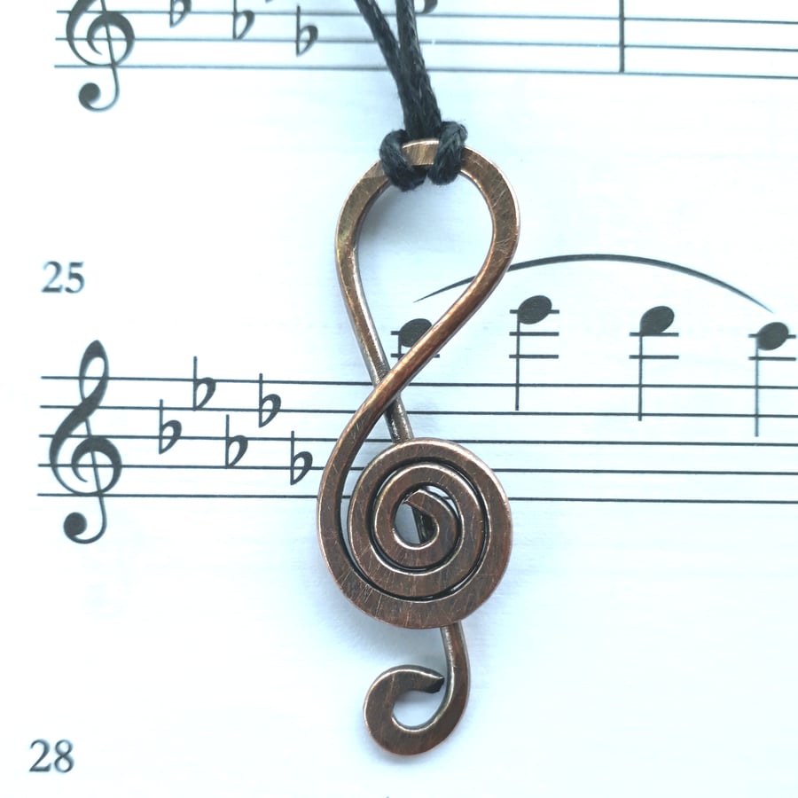 Clef Music Note Pendant, Copper Adjustable Necklace, Music Lover Gifts