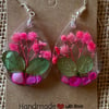 Handmade Pair Of Teardrop Shaped Earrings With Real Pink Flowers And Shells