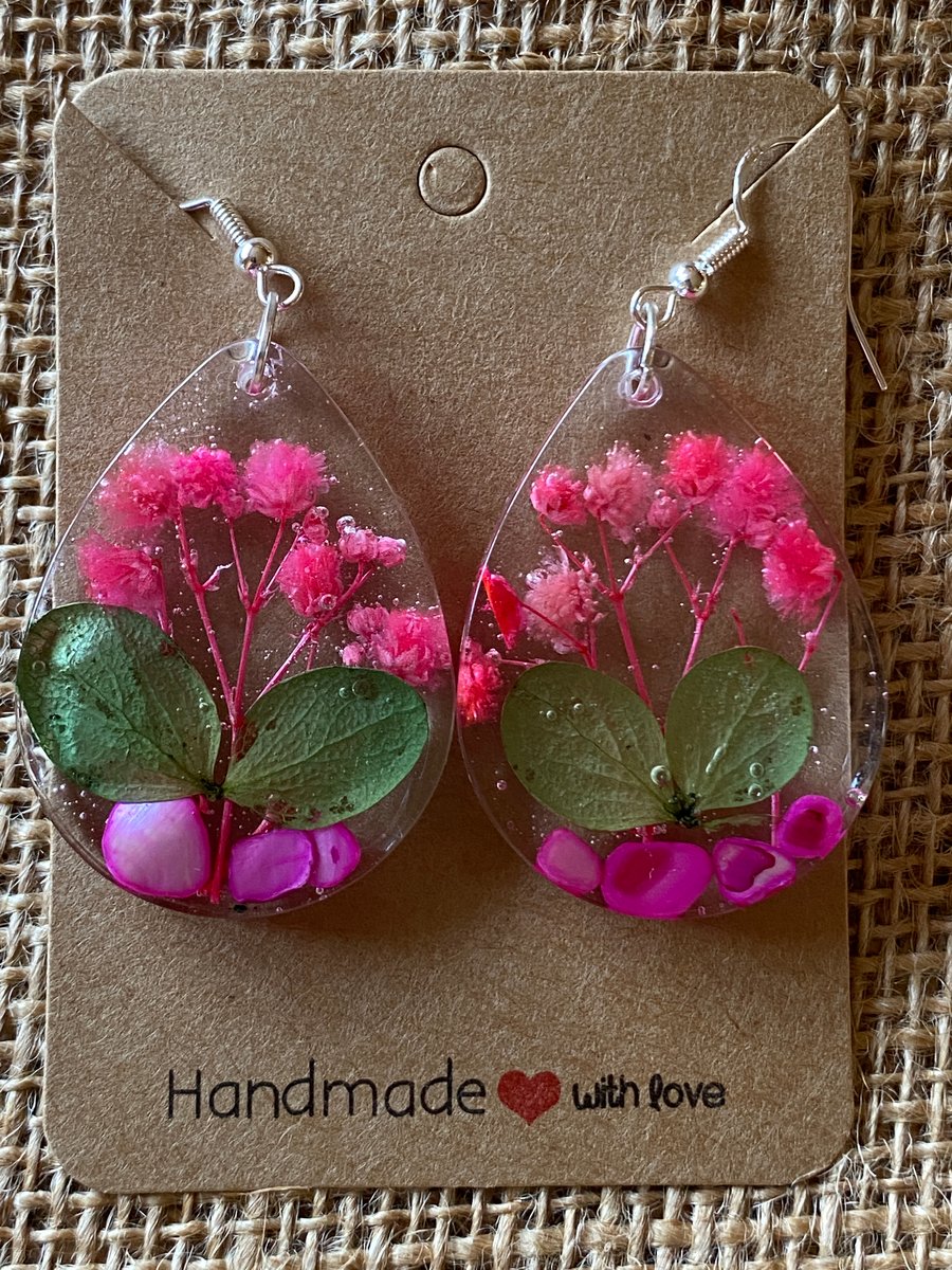 Handmade Pair Of Teardrop Shaped Earrings With Real Pink Flowers And Shells