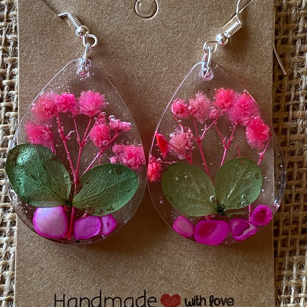 Handmade Pair Of Teardrop Shaped Earrings With Real Pink Flowers And Shells