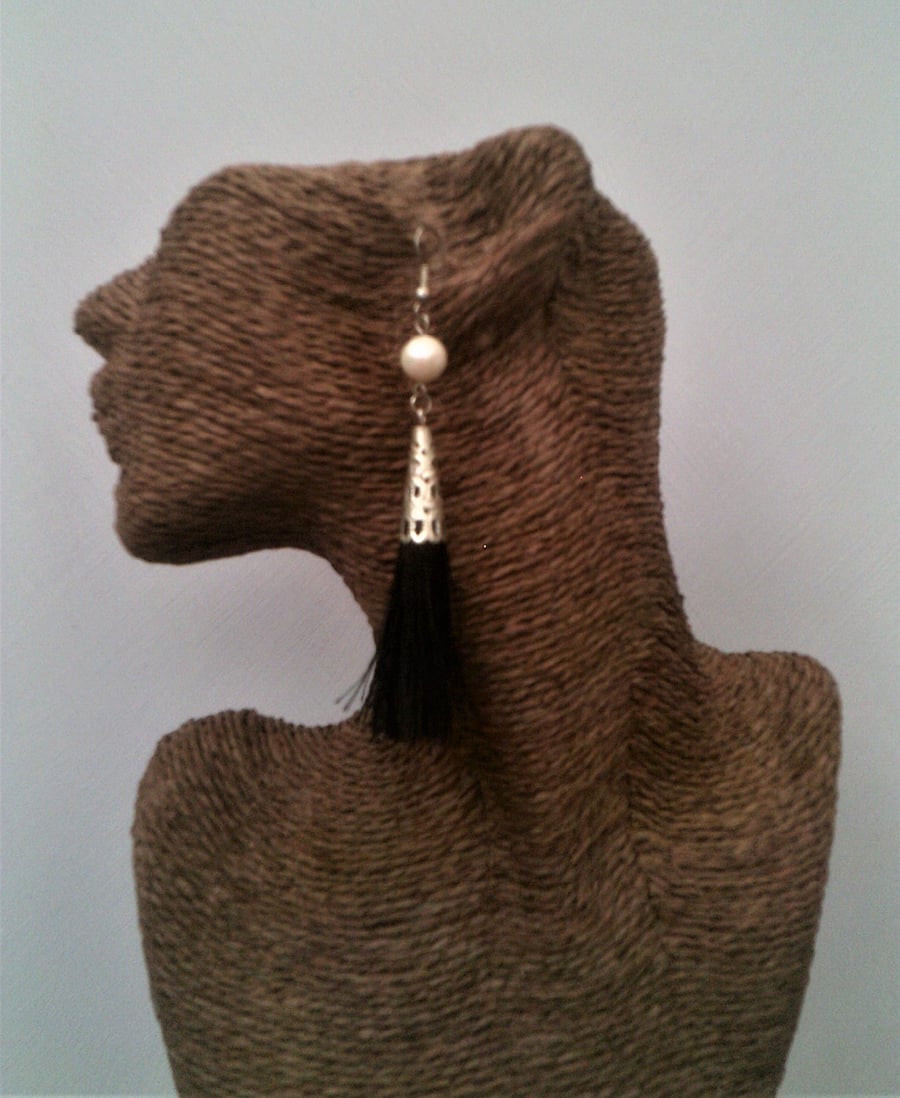 Freshwater White Pearl & Black Tassel Dangle Earrings, Black & White Jewellery